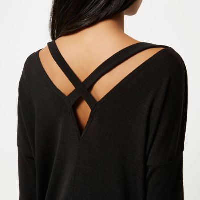 Black knitted V-neck cross back jumper